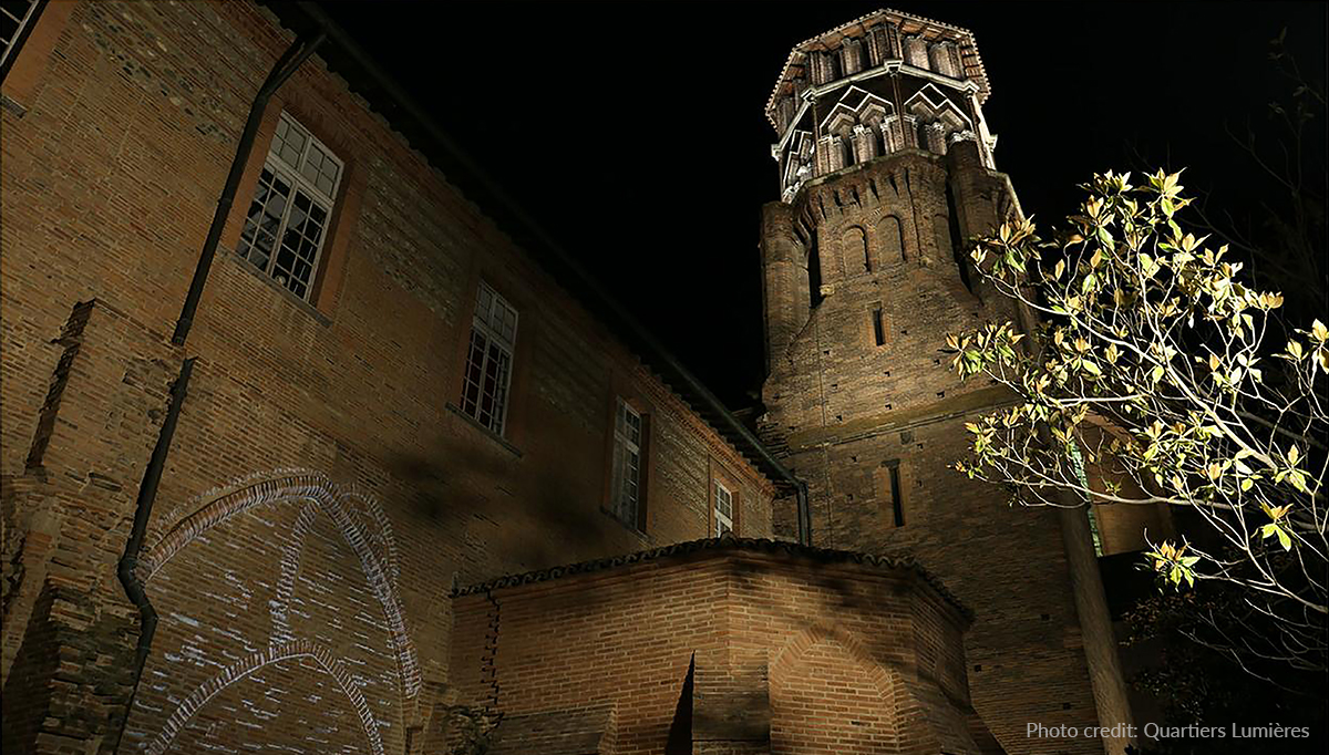 Gobo projections, subtle wall illumination and tower accent lighting enhance the museum's façade.