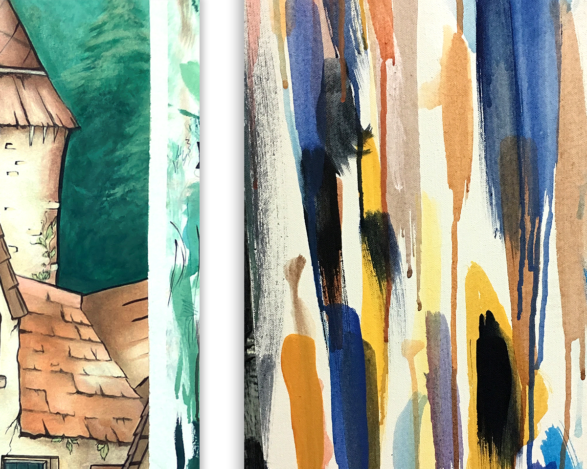Paint tests on the edge of a pantomime cloth